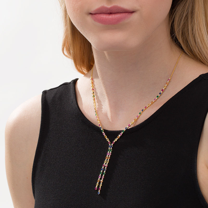 Main Image 3 of Lab-Created Multi-Color Sapphire, Ruby and Emerald Bolo Necklace in Sterling Silver with 18K Gold Plate - 26"