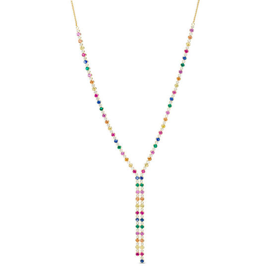 Lab-Created Multi-Color Sapphire, Ruby and Emerald Bolo Necklace in Sterling Silver with 18K Gold Plate - 26"