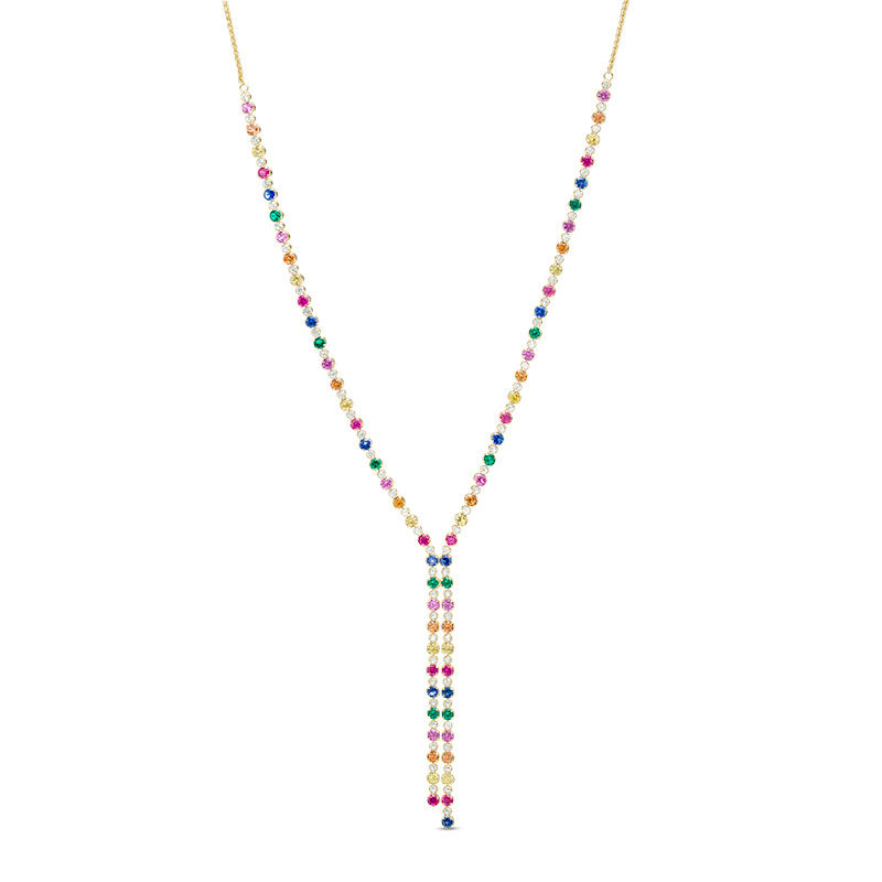 Main Image 4 of Lab-Created Multi-Color Sapphire, Ruby and Emerald Bolo Necklace in Sterling Silver with 18K Gold Plate - 26"