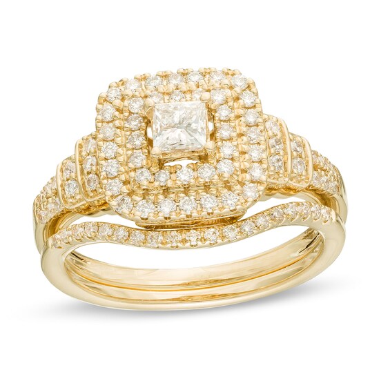 3/4 CT. T.W. Certified Princess-Cut Diamond Double Frame Bridal Set in 14K Gold (H/I1) 3/4 CT. T.W. Certified Princess-Cut Diamond Double Frame Bridal Set in 14K Gold (H/I1)