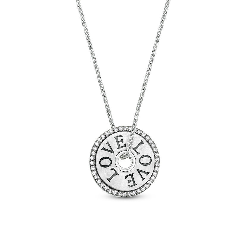Main Image 1 of Vera Wang Love Collection 1/10 CT. T.W. Diamond 15.0mm "LOVE" Token Pendant in Sterling Silver - 19"