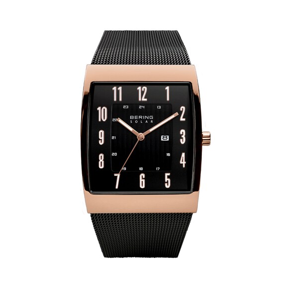 Men's Bering Slim Solar Rose-Tone Tank Mesh Watch with Square Black Dial (Model: 16433-166) Men's Bering Slim Solar Rose-Tone Tank Mesh Watch with Square Black Dial (Model: 16433-166)