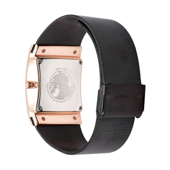 Men's Bering Slim Solar Rose-Tone Tank Mesh Watch with Square Black Dial (Model: 16433-166) Men's Bering Slim Solar Rose-Tone Tank Mesh Watch with Square Black Dial (Model: 16433-166)
