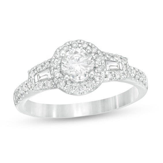 7/8 CT. T.w. Diamond Frame Three Stone Engagement Ring in 14K White Gold