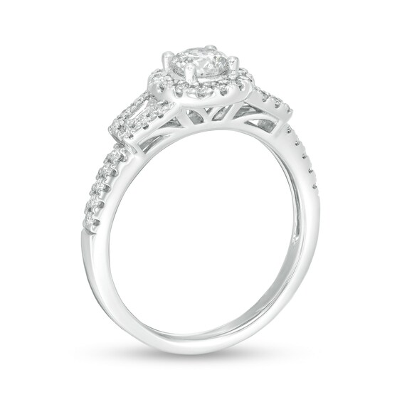 7/8 CT. T.w. Diamond Frame Three Stone Engagement Ring in 14K White Gold