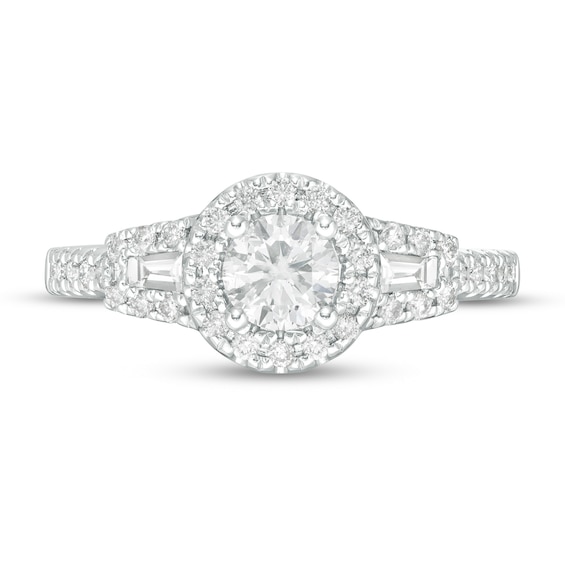 7/8 CT. T.w. Diamond Frame Three Stone Engagement Ring in 14K White Gold