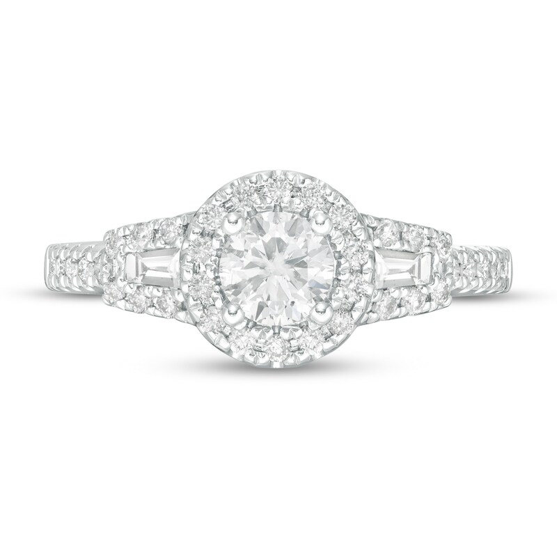 Main Image 4 of 7/8 CT. T.W. Diamond Frame Three Stone Engagement Ring in 14K White Gold