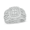 Thumbnail Image 1 of 1-1/4 CT. T.W. Quad Princess-Cut Diamond Double Cushion Frame Multi-Row Bridal Set in 14K White Gold