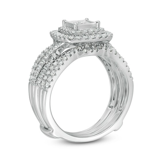 1-1/4 CT. T.w. Quad Princess-Cut Diamond Double Cushion Frame Multi-Row Bridal Set in 14K White Gold