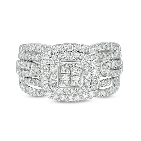 1-1/4 CT. T.w. Quad Princess-Cut Diamond Double Cushion Frame Multi-Row Bridal Set in 14K White Gold