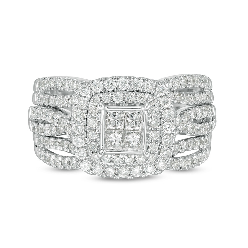 Main Image 3 of 1-1/4 CT. T.W. Quad Princess-Cut Diamond Double Cushion Frame Multi-Row Bridal Set in 14K White Gold