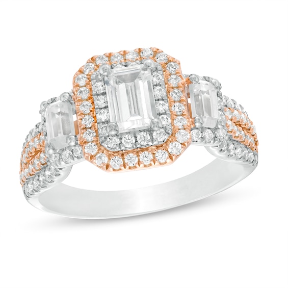 1-1/2 CT. T.w. Certified Emerald-Cut Diamond Past Present FutureÂ®Frame Engagement Ring in 14K Two-Tone Gold (I/Si2)