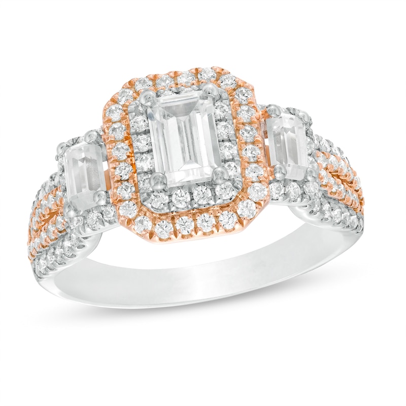Main Image 1 of 1-1/2 CT. T.W. Certified Emerald-Cut Diamond Past Present Future®Frame Engagement Ring in 14K Two-Tone Gold (I/SI2)