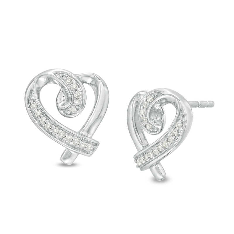 1/10 CT. T.W. Diamond Tilted Ribbon Heart Stud Earrings in Sterling ...