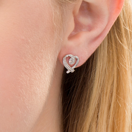 1/10 CT. T.w. Diamond Tilted Ribbon Heart Stud Earrings in Sterling Silver
