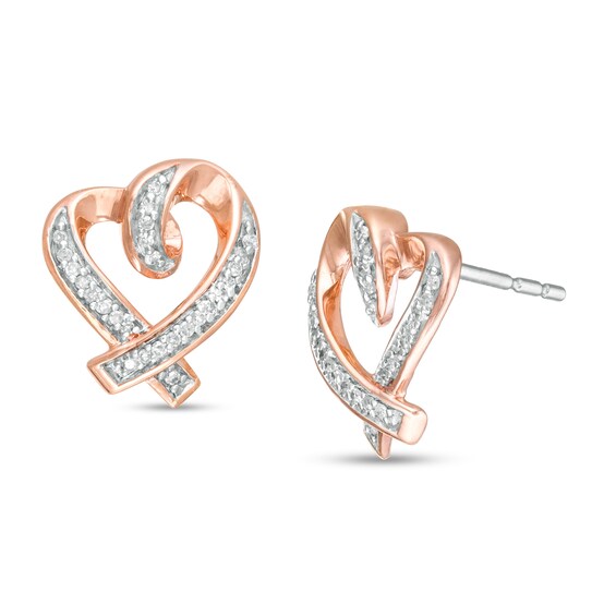 1/10 CT. T.W. Diamond Tilted Ribbon Heart Stud Earrings in 10K Rose