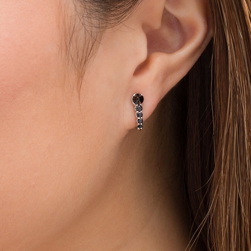 Main Image 2 of 1 CT. T.W. Enhanced Black and White Diamond J-Hoop Earrings in 10K White Gold