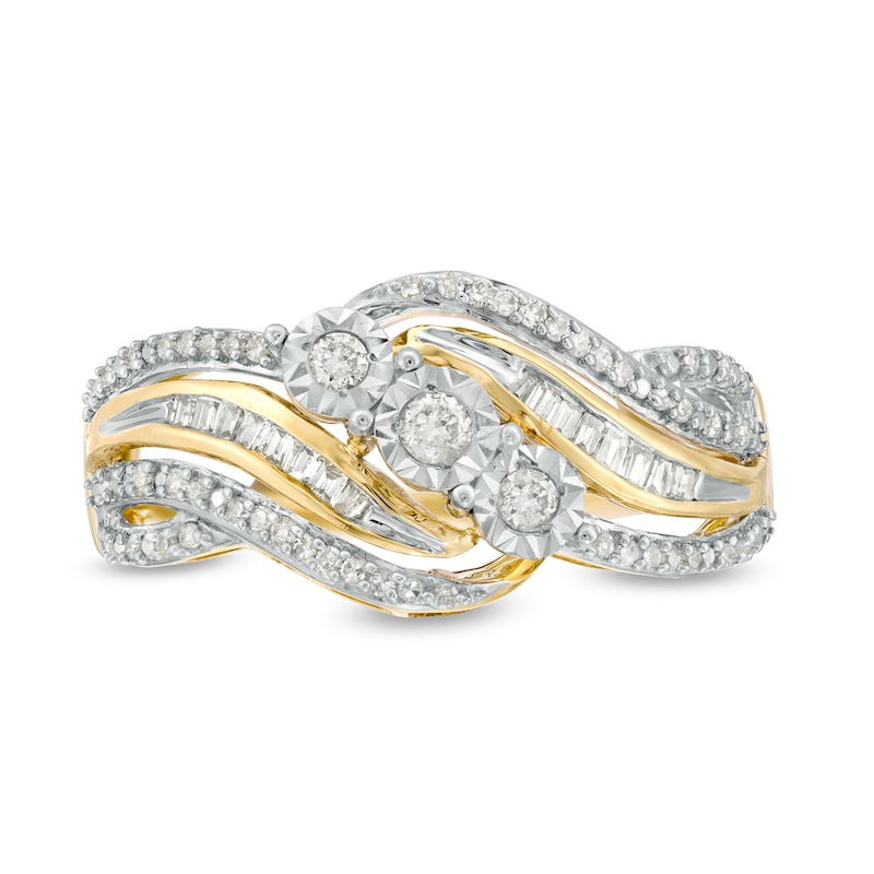 Main Image 4 of 1/4 CT. T.W. Diamond Three Stone Bypass Ring in 10K Gold