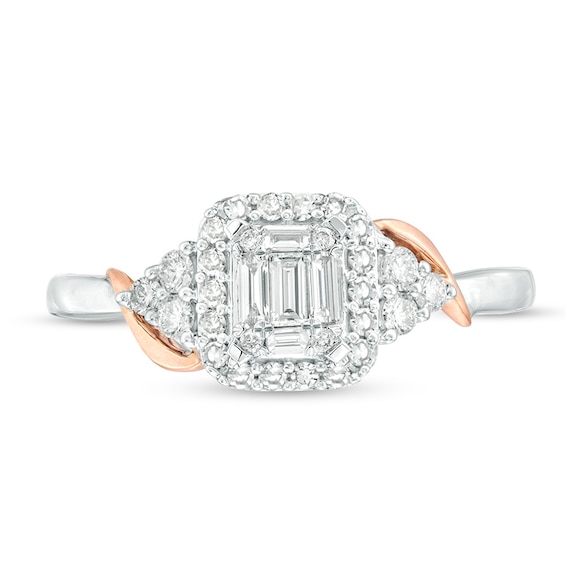 3/8 CT. T.w. Emerald-Shaped Multi-Diamond Frame Tri-Sides Ring in 10K Two-Tone Gold