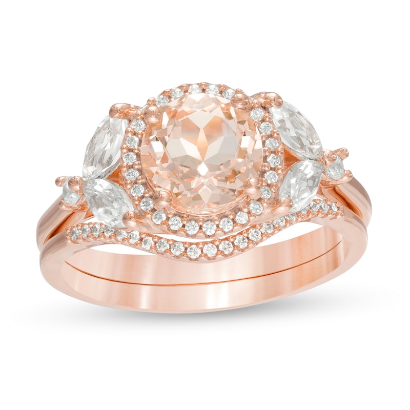 Main Image 1 of 7.0mm Morganite, Lab-Created White Sapphire and 1/6 CT. T.W. Diamond Frame Floral Bridal Set in 10K Rose Gold