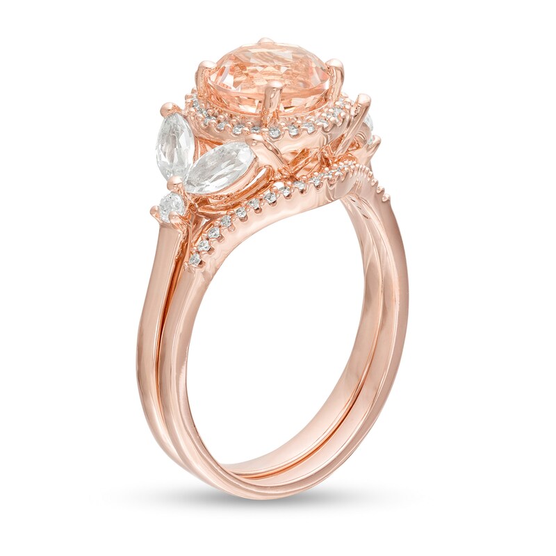 Main Image 3 of 7.0mm Morganite, Lab-Created White Sapphire and 1/6 CT. T.W. Diamond Frame Floral Bridal Set in 10K Rose Gold