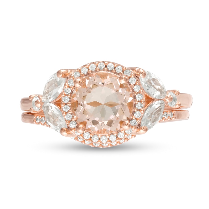 Main Image 4 of 7.0mm Morganite, Lab-Created White Sapphire and 1/6 CT. T.W. Diamond Frame Floral Bridal Set in 10K Rose Gold