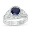Thumbnail Image 1 of 7.0mm Lab-Created Blue and White Sapphire and 1/4 CT. T.W. Diamond Frame Three Stone Bridal Set in Sterling Silver