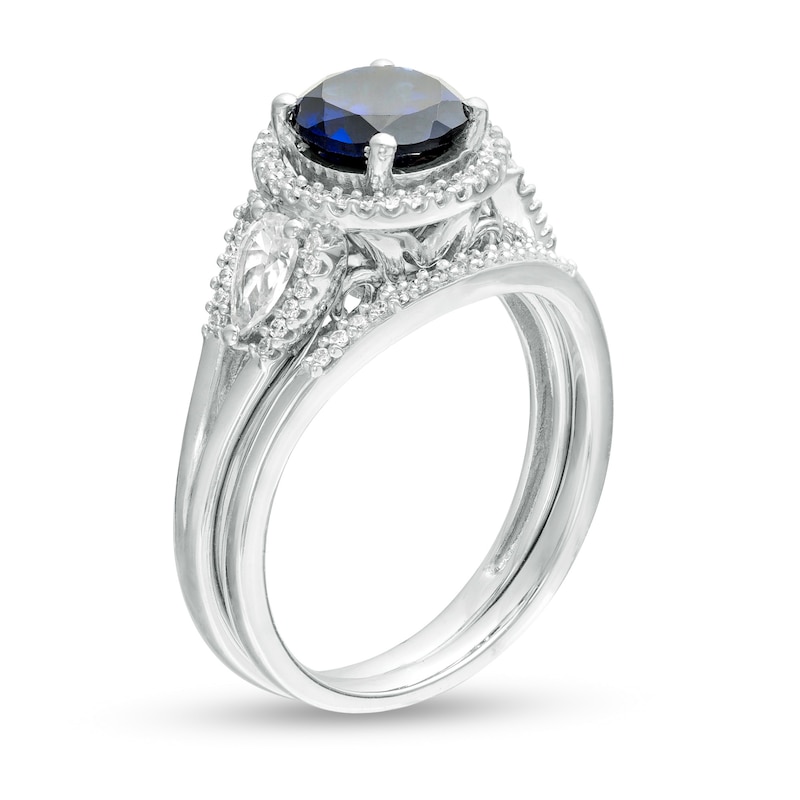 Main Image 3 of 7.0mm Lab-Created Blue and White Sapphire and 1/4 CT. T.W. Diamond Frame Three Stone Bridal Set in Sterling Silver