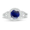 7.0mm Lab-Created Blue and White Sapphire and 1/4 CT. T.W. Diamond Frame Three Stone Bridal Set in Sterling Silver