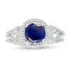 Thumbnail Image 4 of 7.0mm Lab-Created Blue and White Sapphire and 1/4 CT. T.W. Diamond Frame Three Stone Bridal Set in Sterling Silver