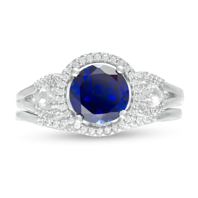 7.0mm Lab-Created Blue and White Sapphire and 1/4 CT. T.W. Diamond Frame Three Stone Bridal Set in Sterling Silver