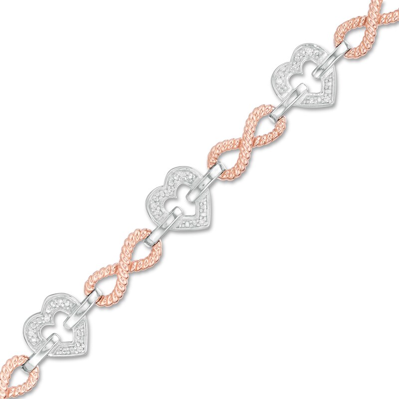 Main Image 1 of 1/10 CT. T.W. Diamond Alternating Heart and Infinity Link Bracelet in Sterling Silver and 10K Rose Gold - 7.25"