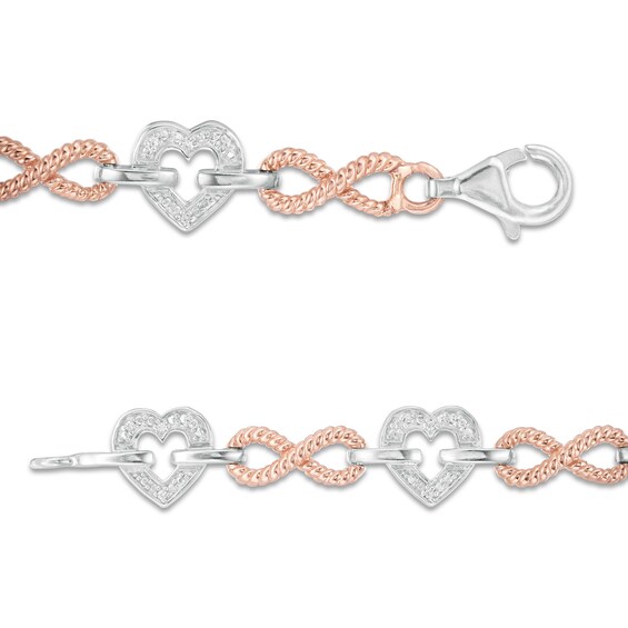 1/10 CT. T.w. Diamond Alternating Heart and Infinity Link Bracelet in Sterling Silver and 10K Rose Gold - 7.25"
