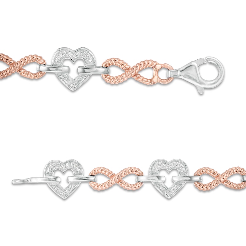 Main Image 3 of 1/10 CT. T.W. Diamond Alternating Heart and Infinity Link Bracelet in Sterling Silver and 10K Rose Gold - 7.25"