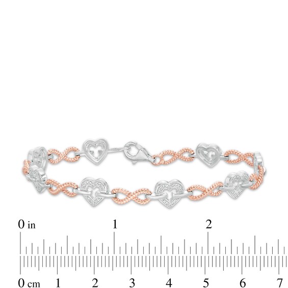 1/10 CT. T.w. Diamond Alternating Heart and Infinity Link Bracelet in Sterling Silver and 10K Rose Gold - 7.25"