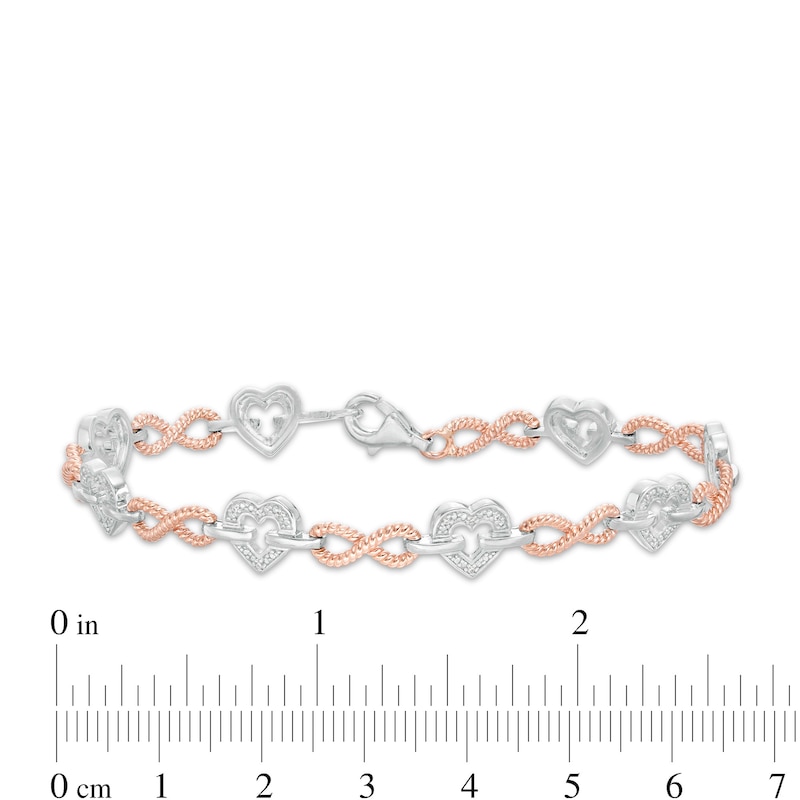 Main Image 4 of 1/10 CT. T.W. Diamond Alternating Heart and Infinity Link Bracelet in Sterling Silver and 10K Rose Gold - 7.25"