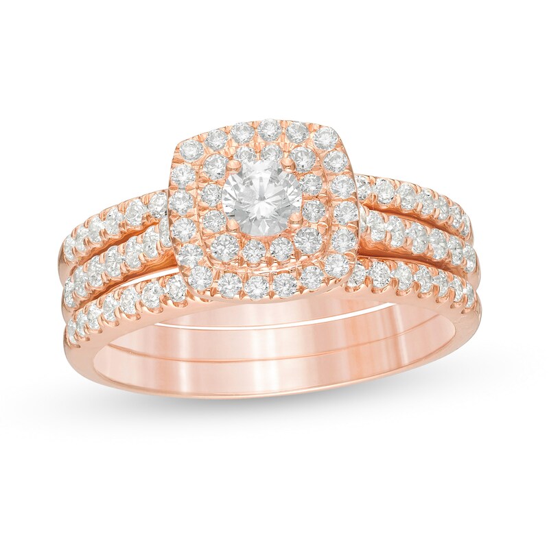 1 CT. T.W. Diamond Double Cushion Frame Three Piece Bridal Set in 10K