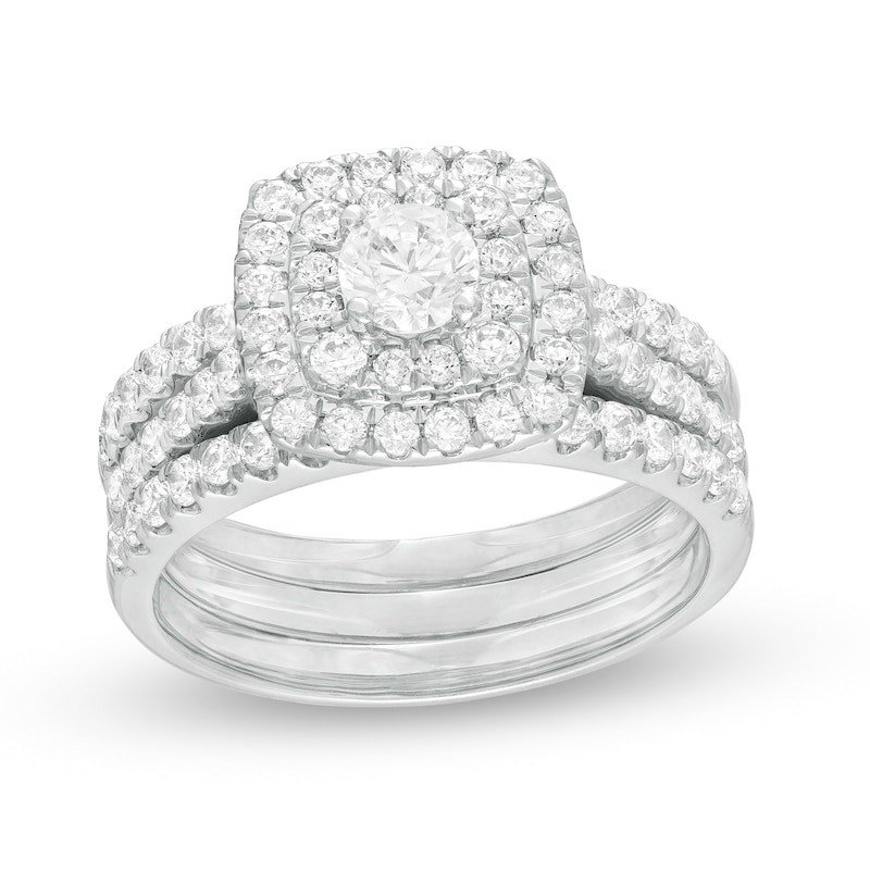 Main Image 1 of 1-1/2 CT. T.W. Diamond Double Cushion Frame Three Piece Bridal Set in 10K White Gold