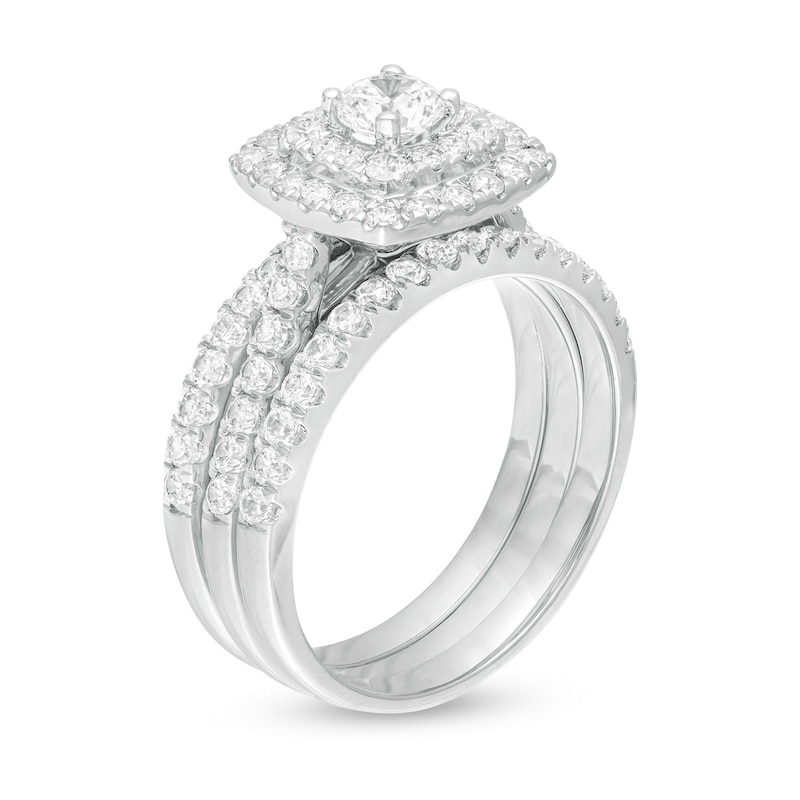 Main Image 3 of 1-1/2 CT. T.W. Diamond Double Cushion Frame Three Piece Bridal Set in 10K White Gold