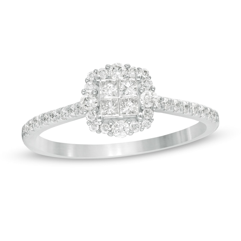 Main Image 1 of 3/8 CT. T.W. Princess-Cut Quad Diamond Frame Engagement Ring in 10K White Gold