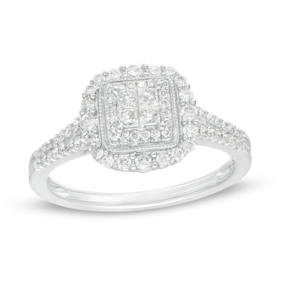 1/2 CT. T.w. Princess-Cut Quad Diamond Square Frame Vintage-Style Engagement Ring in 10K White Gold