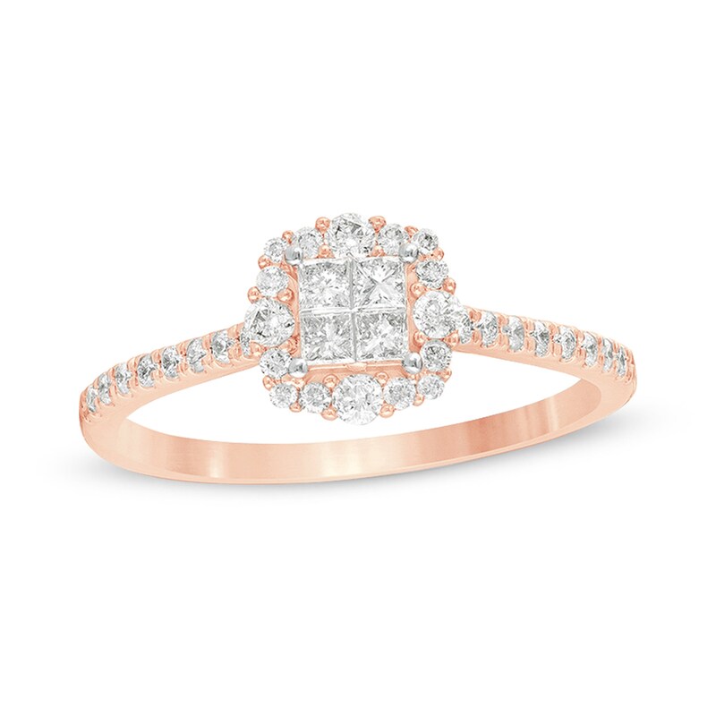Main Image 1 of 3/8 CT. T.W. Princess-Cut Quad Diamond Frame Engagement Ring in 10K Rose Gold