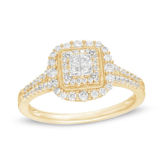 1/2 CT. T.w. Princess-Cut Quad Diamond Square Frame Vintage-Style Engagement Ring in 10K Gold