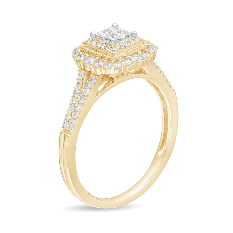 Main Image 2 of 1/2 CT. T.W. Princess-Cut Quad Diamond Square Frame Vintage-Style Engagement Ring in 10K Gold