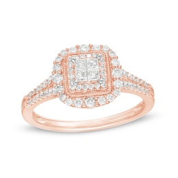 1/2 CT. T.W. Princess-Cut Quad Diamond Square Frame Vintage-Style Engagement Ring in 10K Rose Gold