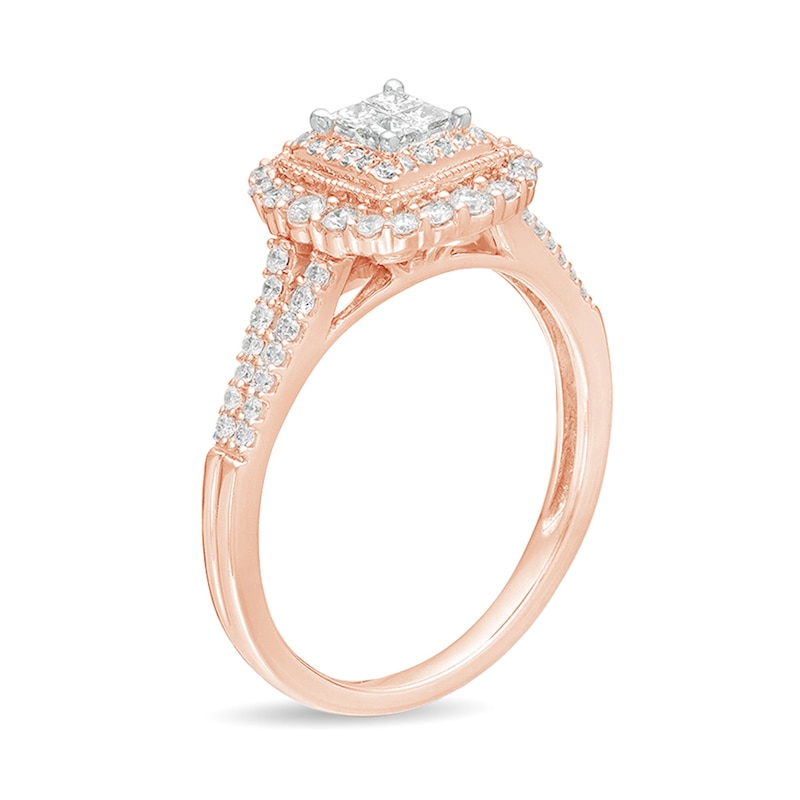 Main Image 2 of 1/2 CT. T.W. Princess-Cut Quad Diamond Square Frame Vintage-Style Engagement Ring in 10K Rose Gold