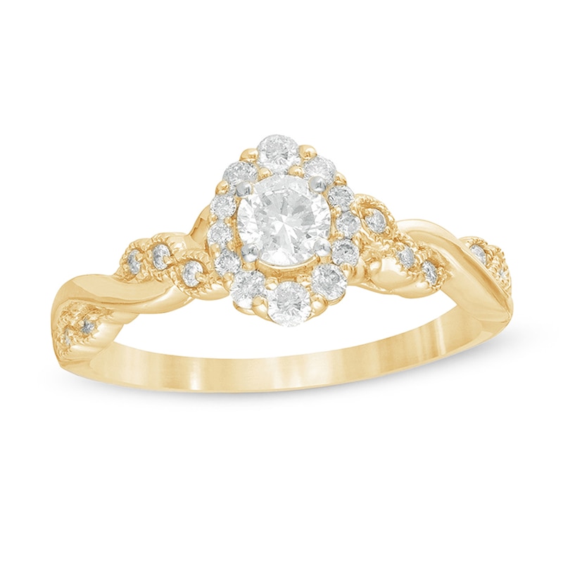 Main Image 1 of 1/2 CT. T.W. Diamond Frame Vintage-Style Twist Shank Engagement Ring in 10K Gold