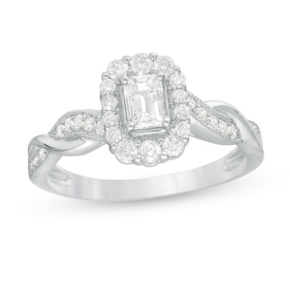 3/4 CT. T.w. Emerald-Cut Diamond Frame Twist Shank Vintage-Style Engagement Ring in 10K White Gold
