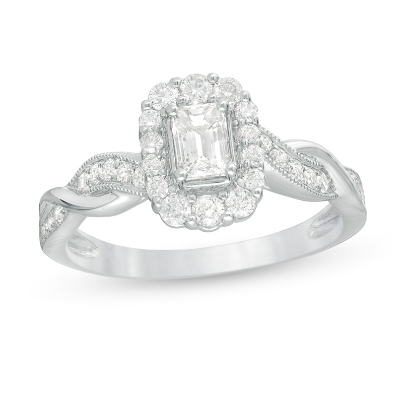 3/4 CT. T.W. Emerald-Cut Diamond Frame Twist Shank Vintage-Style Engagement Ring in 10K White Gold