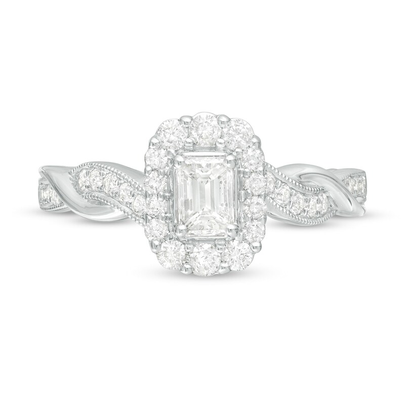 3/4 CT. T.W. Emerald-Cut Diamond Frame Twist Shank Vintage-Style Engagement Ring in 10K White Gold